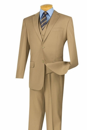 Wedding Suit with Vest Men's Khaki Beige Flat Front Pants V2TR