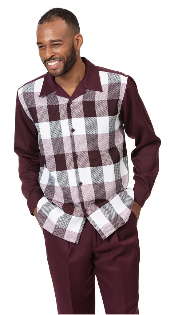 Montique Walking Suit Long Sleeve Burgundy Checkered Pattern 2026