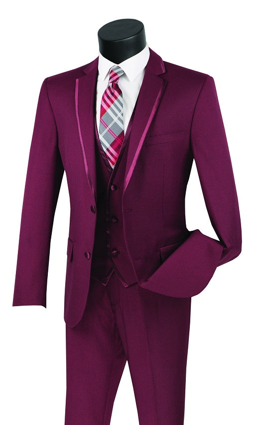 Men's Burgundy Slim Fit Party Wedding Suit Vest Trimmed Lapel SV2T-8