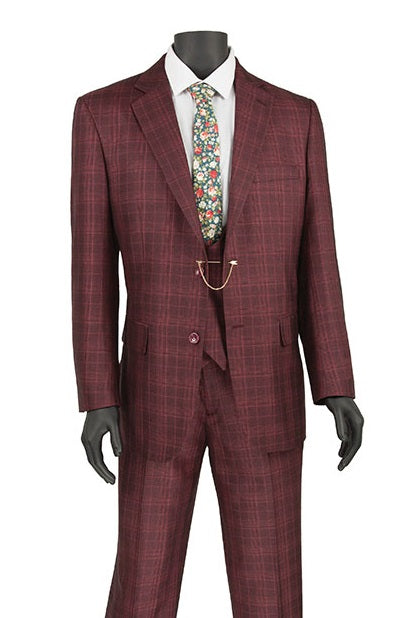 Men's Burgundy Plaid 3 Piece Suit Scoop Vest V2RW-7