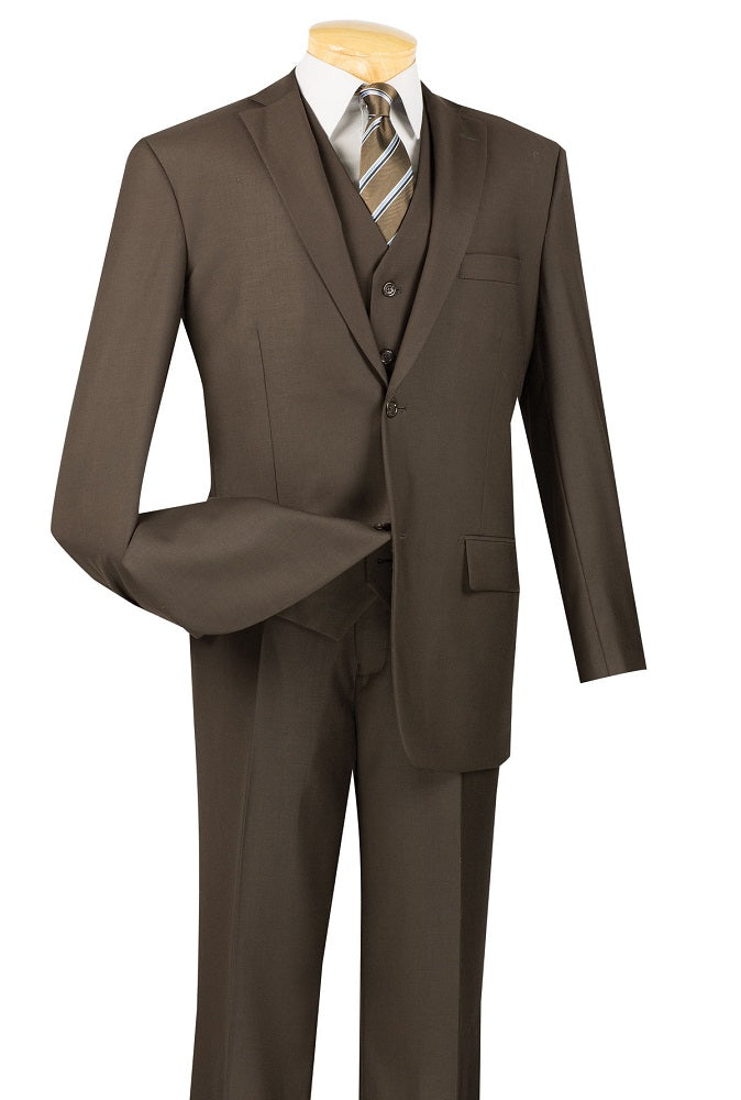 Men's Solid Brown 3 Piece Suit with Flat Front Pants Vinci V2TR