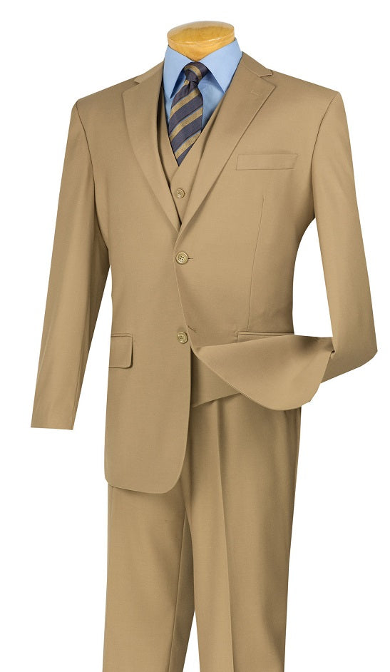 Men's Solid Khaki Color 3 Piece Suit with Flat Front Pants Vinci V2TR