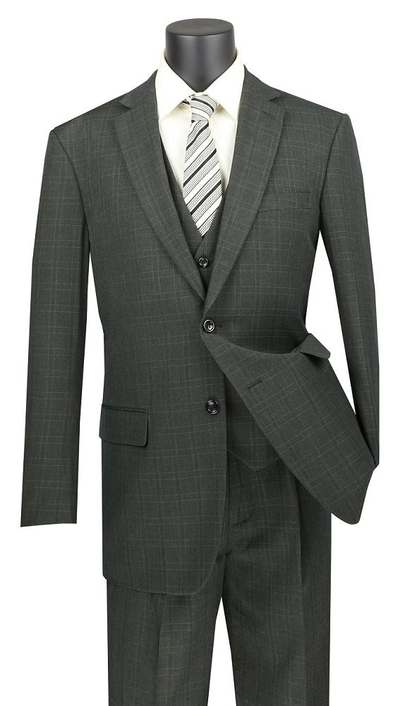 Men's Dark Olive Windowpane Plaid Suit with Vest V2RW-15