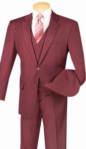 Wedding Suit with Vest Men's Burgundy Wine Flat Front Pants V2TR