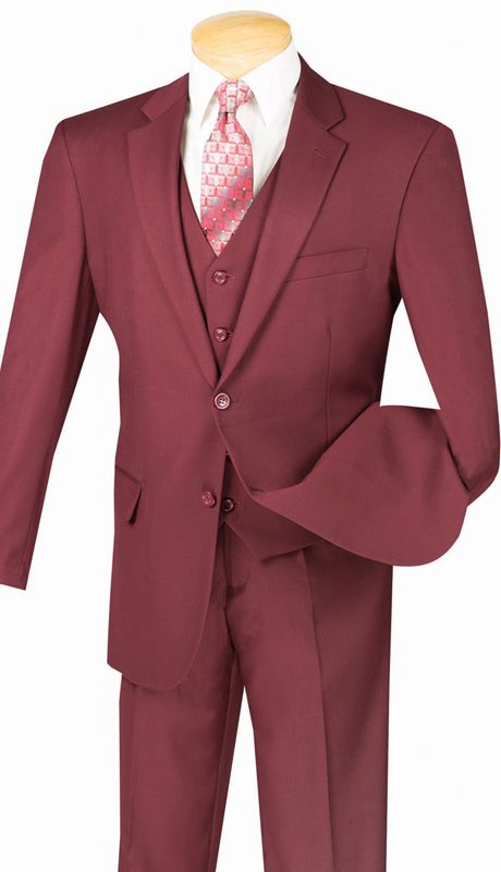 Wedding Suit with Vest Men's Burgundy Wine Flat Front Pants V2TR