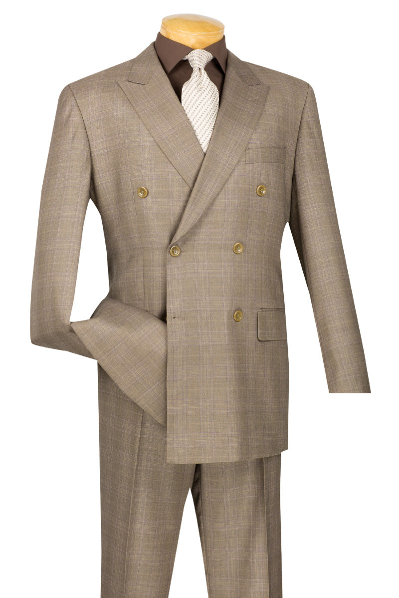 Men's Tan Plaid Double Breasted Suit Vinci DRW-1